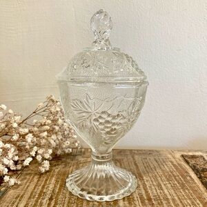 Vintage Pressed Glass Lidded Compote Dish / Candy Dish Grape Motif 7 1/4” Tall